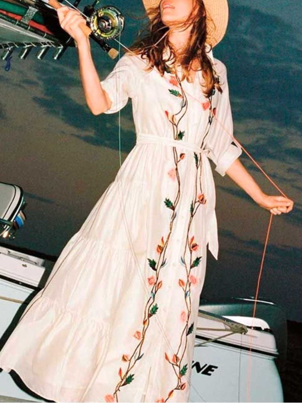 Anthropologie Samant Chauhan Embroidered Maxi Shirtdress Coastal Garden 4 Petite